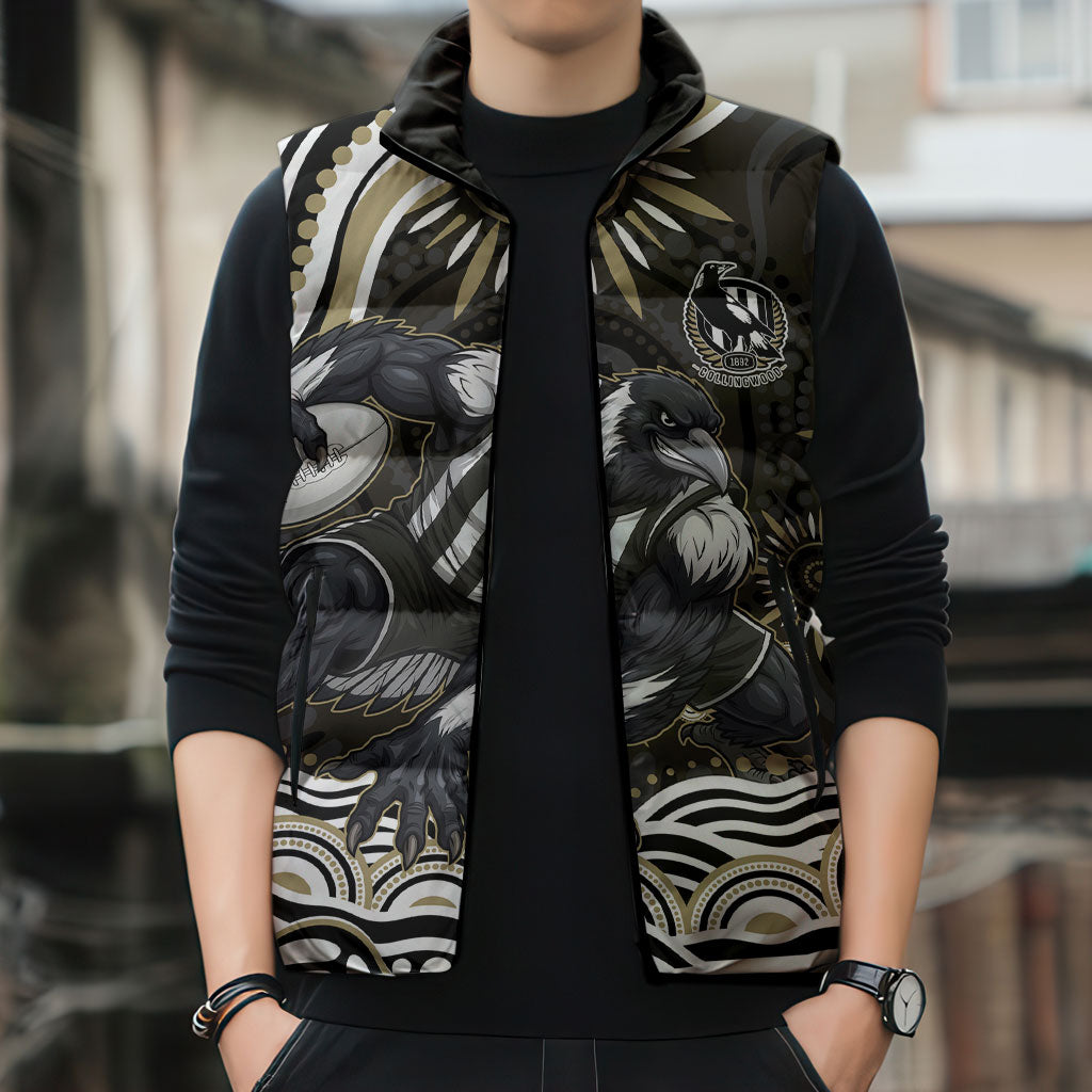 Personalized Collingwood Magpies Football Sleeveless Puffer Jacket Aboriginal Dot Art - Dreamtime Football Mascot