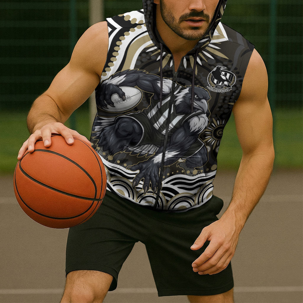 Personalized Collingwood Magpies Football Sleeveless Zip Hoodie Aboriginal Dot Art - Dreamtime Football Mascot