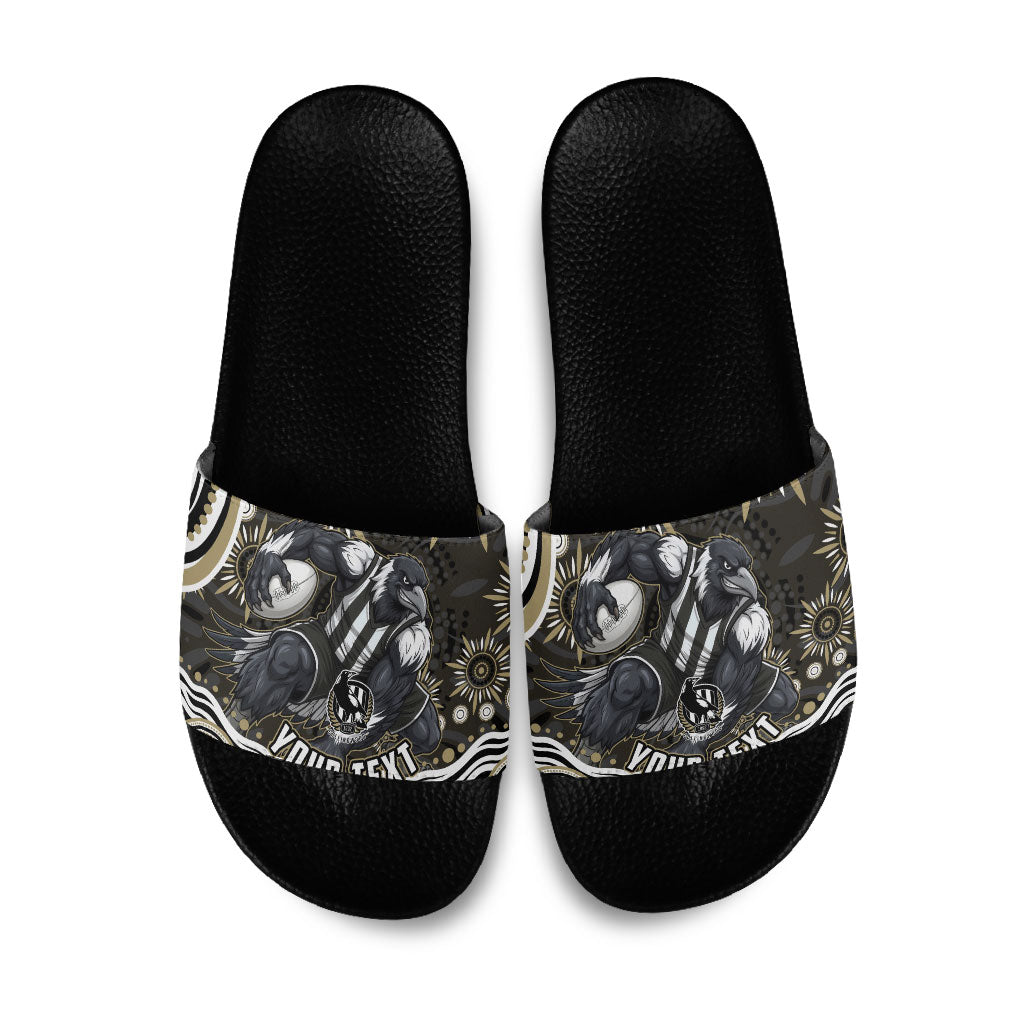 Personalized Collingwood Magpies Football Slide Sandals Aboriginal Dot Art - Dreamtime Football Mascot
