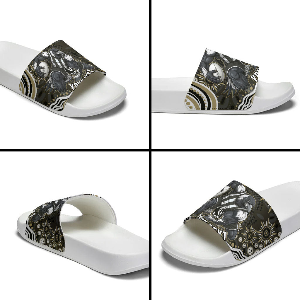 Personalized Collingwood Magpies Football Slide Sandals Aboriginal Dot Art - Dreamtime Football Mascot