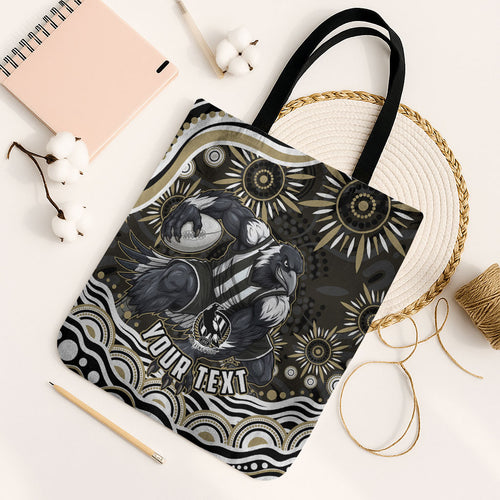 Personalized Collingwood Magpies Football Tote Bag Aboriginal Dot Art - Dreamtime Football Mascot