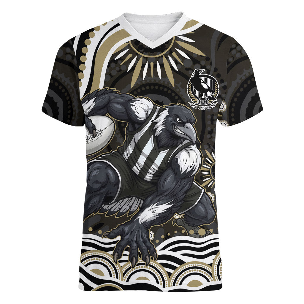 Personalized Collingwood Magpies Football Women V-Neck T-Shirt Aboriginal Dot Art - Dreamtime Football Mascot