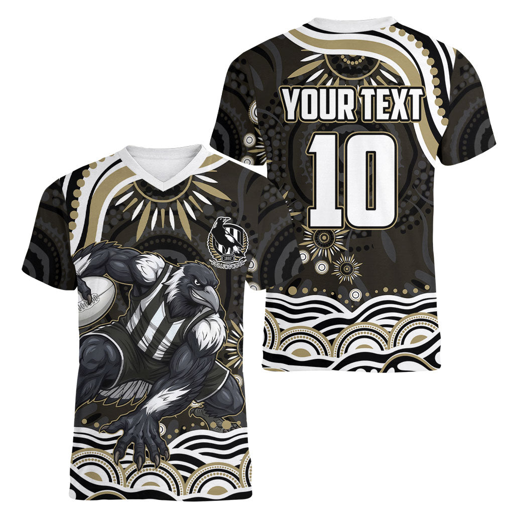 Personalized Collingwood Magpies Football Women V-Neck T-Shirt Aboriginal Dot Art - Dreamtime Football Mascot
