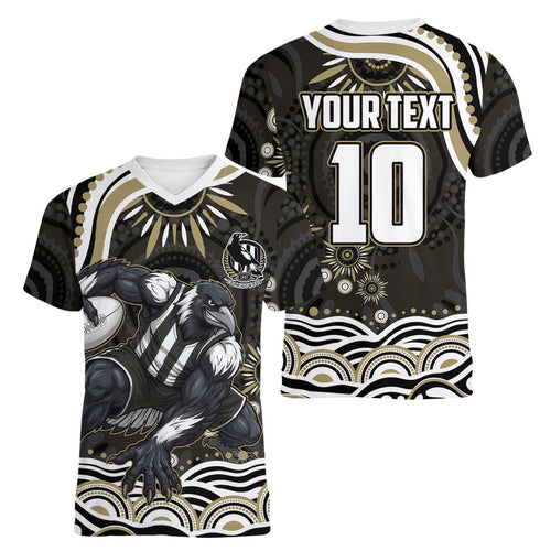 Personalized Collingwood Magpies Football Women V-Neck T-Shirt Aboriginal Dot Art - Dreamtime Football Mascot