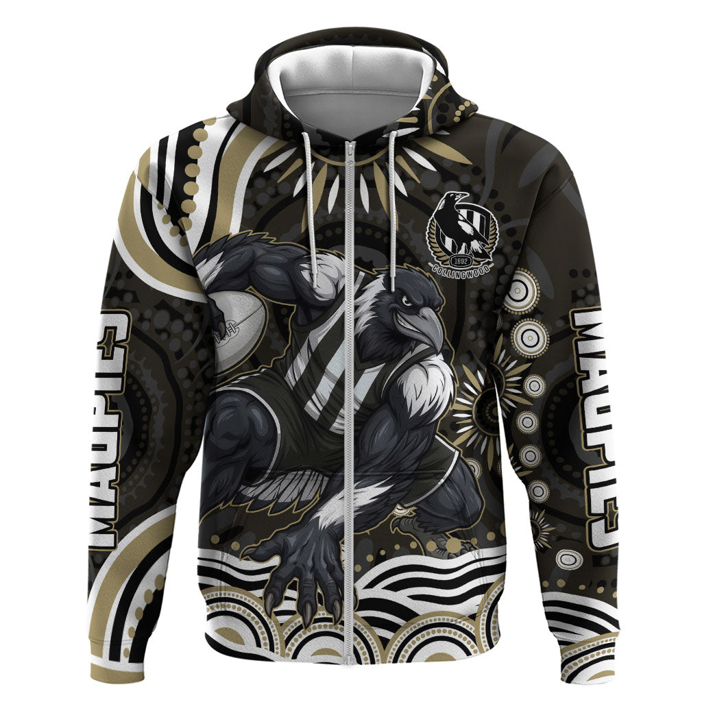 Personalized Collingwood Magpies Football Zip Hoodie Aboriginal Dot Art - Dreamtime Football Mascot