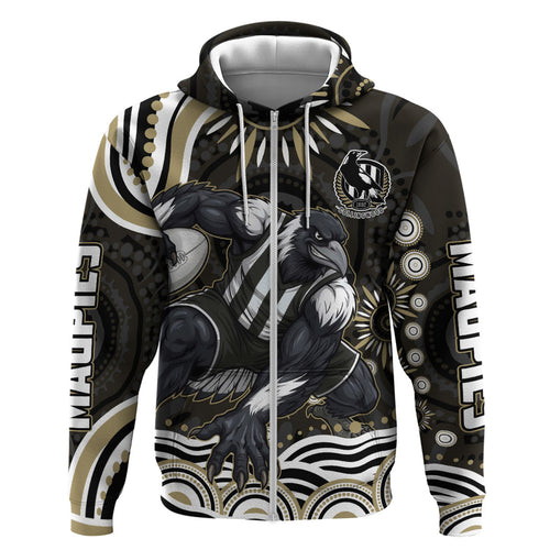 Personalized Collingwood Magpies Football Zip Hoodie Aboriginal Dot Art - Dreamtime Football Mascot