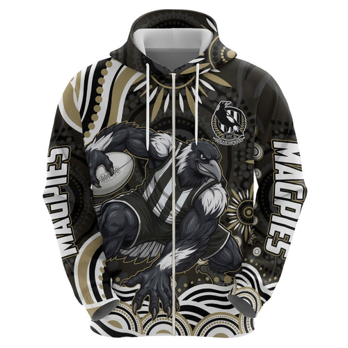 Personalized Collingwood Magpies Football Zip Hoodie Aboriginal Dot Art - Dreamtime Football Mascot