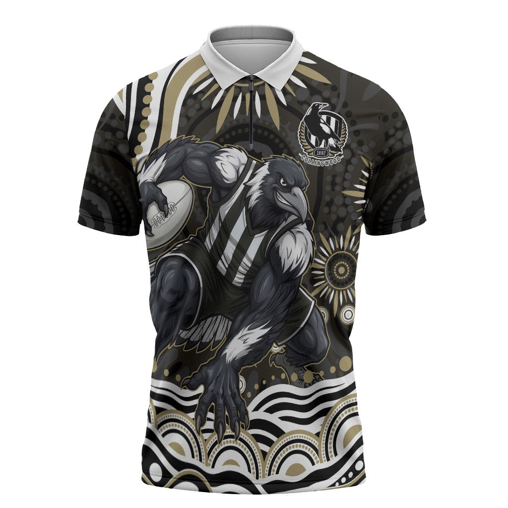Personalized Collingwood Magpies Football Zipper Polo Shirt Aboriginal Dot Art - Dreamtime Football Mascot