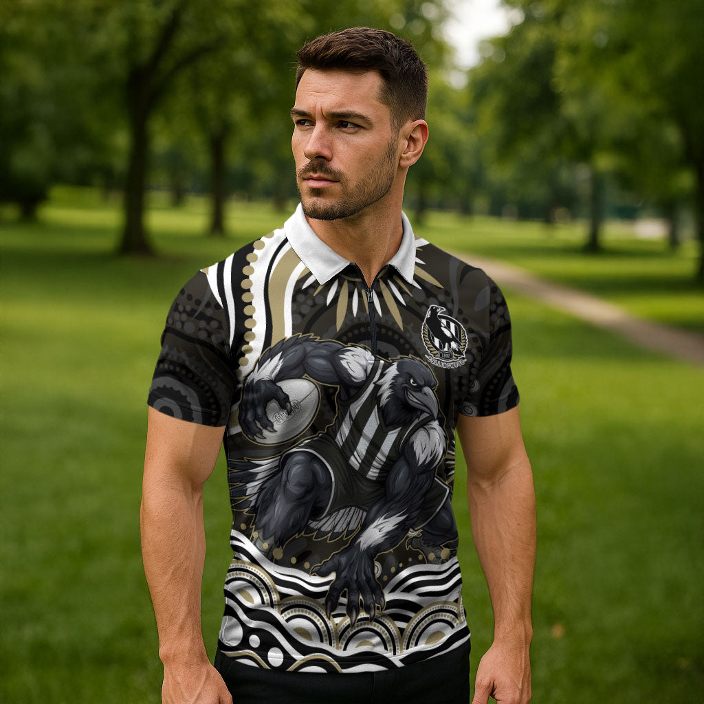 Personalized Collingwood Magpies Football Zipper Polo Shirt Aboriginal Dot Art - Dreamtime Football Mascot