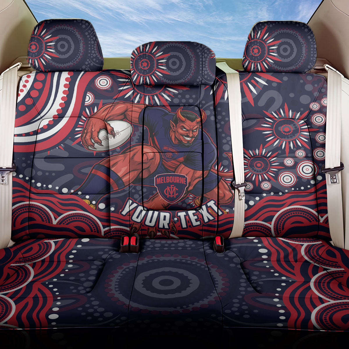 Personalized Melbourne Demons Mascot Back Car Seat Cover Aboriginal Dot Art - Dreamtime Football Mascot