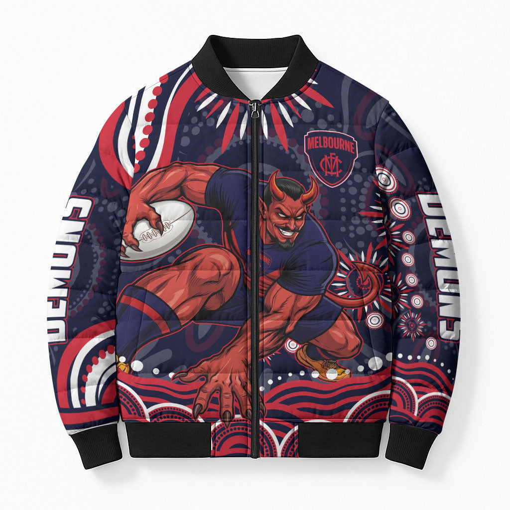 Personalized Melbourne Demons Mascot Bomber Puffer Jacket Aboriginal Dot Art - Dreamtime Football Mascot
