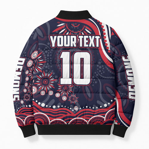 Personalized Melbourne Demons Mascot Bomber Puffer Jacket Aboriginal Dot Art - Dreamtime Football Mascot