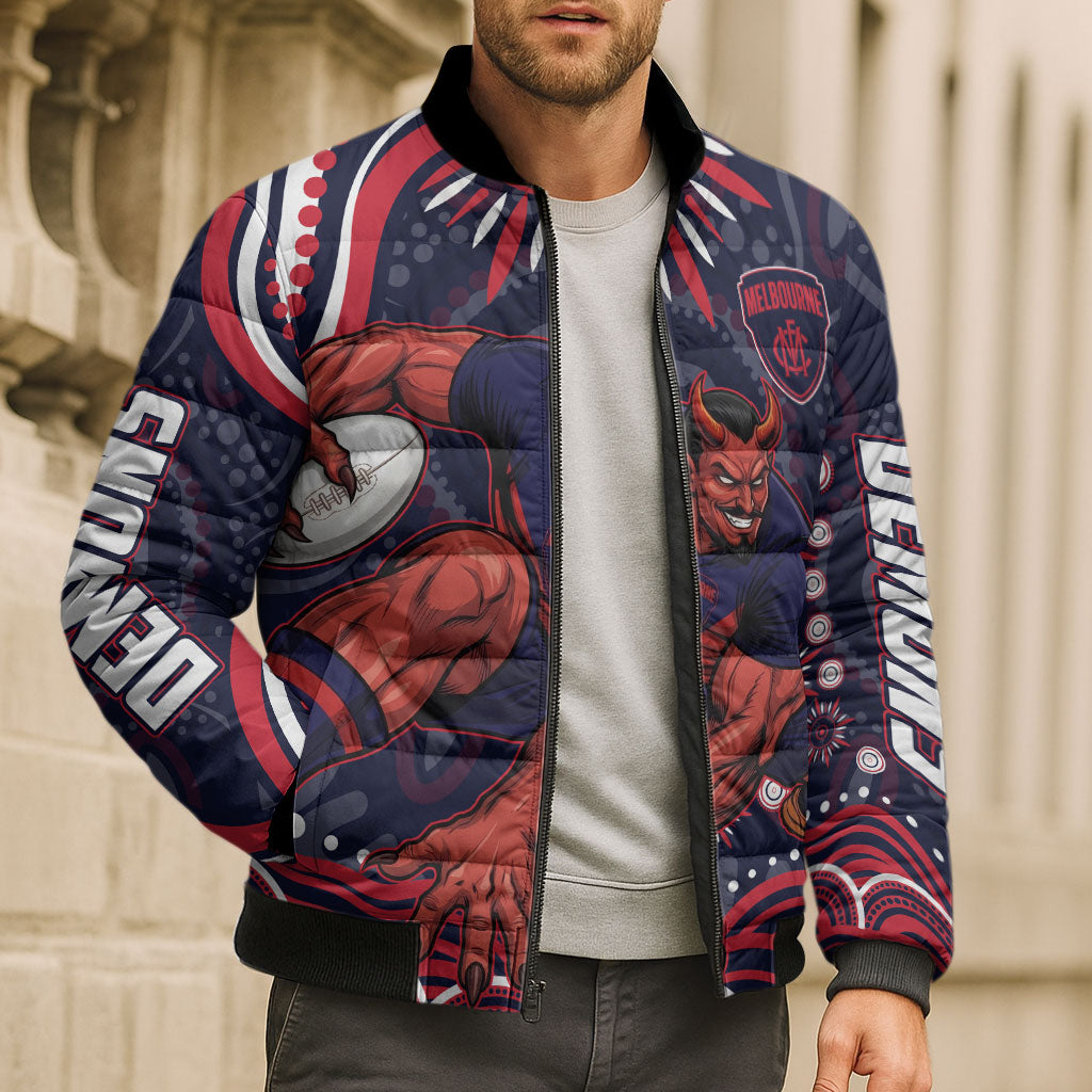 Personalized Melbourne Demons Mascot Bomber Puffer Jacket Aboriginal Dot Art - Dreamtime Football Mascot