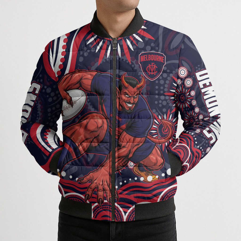Personalized Melbourne Demons Mascot Bomber Puffer Jacket Aboriginal Dot Art - Dreamtime Football Mascot