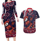 Personalized Melbourne Demons Mascot Couples Matching Long Sleeve Bodycon Dress and Hawaiian Shirt Aboriginal Dot Art - Dreamtime Football Mascot