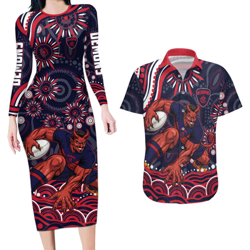 Personalized Melbourne Demons Mascot Couples Matching Long Sleeve Bodycon Dress and Hawaiian Shirt Aboriginal Dot Art - Dreamtime Football Mascot