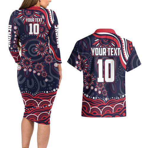 Personalized Melbourne Demons Mascot Couples Matching Long Sleeve Bodycon Dress and Hawaiian Shirt Aboriginal Dot Art - Dreamtime Football Mascot