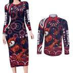 Personalized Melbourne Demons Mascot Couples Matching Long Sleeve Bodycon Dress and Long Sleeve Button Shirt Aboriginal Dot Art - Dreamtime Football Mascot