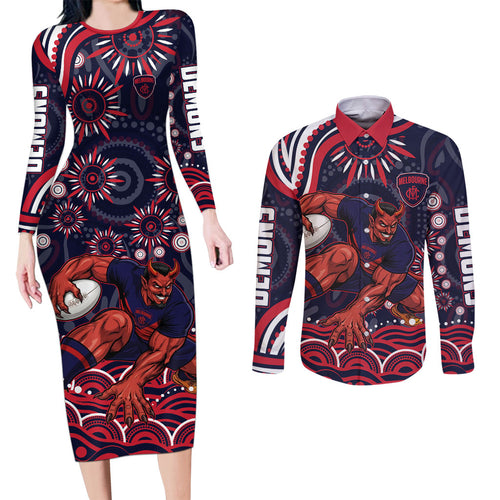 Personalized Melbourne Demons Mascot Couples Matching Long Sleeve Bodycon Dress and Long Sleeve Button Shirt Aboriginal Dot Art - Dreamtime Football Mascot