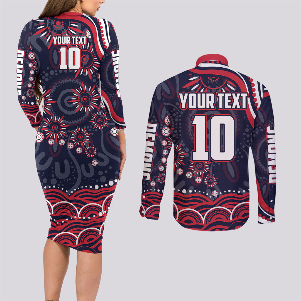 Personalized Melbourne Demons Mascot Couples Matching Long Sleeve Bodycon Dress and Long Sleeve Button Shirt Aboriginal Dot Art - Dreamtime Football Mascot