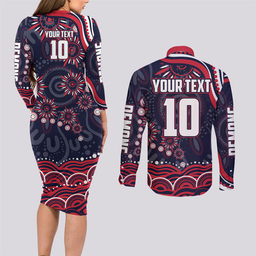Personalized Melbourne Demons Mascot Couples Matching Long Sleeve Bodycon Dress and Long Sleeve Button Shirt Aboriginal Dot Art - Dreamtime Football Mascot