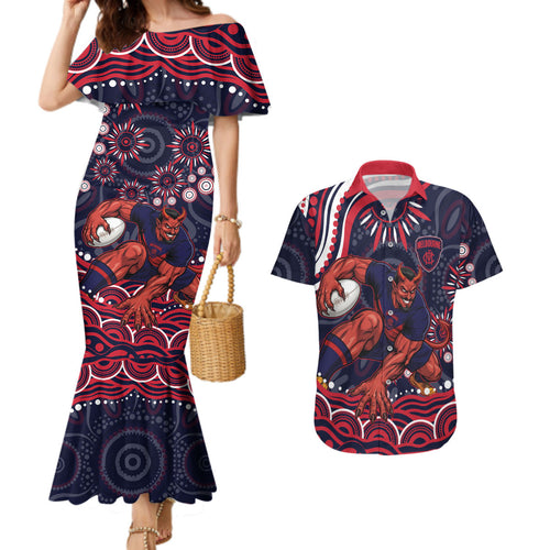 Personalized Melbourne Demons Mascot Couples Matching Mermaid Dress and Hawaiian Shirt Aboriginal Dot Art - Dreamtime Football Mascot