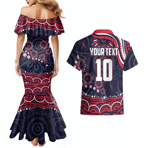 Personalized Melbourne Demons Mascot Couples Matching Mermaid Dress and Hawaiian Shirt Aboriginal Dot Art - Dreamtime Football Mascot
