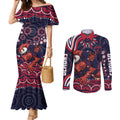 Personalized Melbourne Demons Mascot Couples Matching Mermaid Dress and Long Sleeve Button Shirt Aboriginal Dot Art - Dreamtime Football Mascot