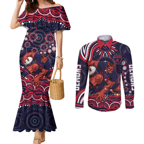 Personalized Melbourne Demons Mascot Couples Matching Mermaid Dress and Long Sleeve Button Shirt Aboriginal Dot Art - Dreamtime Football Mascot