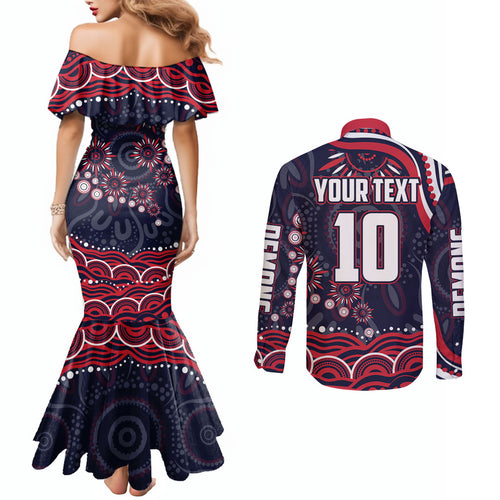 Personalized Melbourne Demons Mascot Couples Matching Mermaid Dress and Long Sleeve Button Shirt Aboriginal Dot Art - Dreamtime Football Mascot