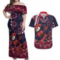 Personalized Melbourne Demons Mascot Couples Matching Off Shoulder Maxi Dress and Hawaiian Shirt Aboriginal Dot Art - Dreamtime Football Mascot