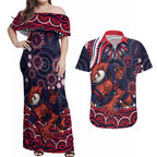 Personalized Melbourne Demons Mascot Couples Matching Off Shoulder Maxi Dress and Hawaiian Shirt Aboriginal Dot Art - Dreamtime Football Mascot