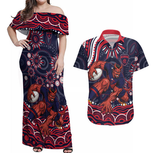Personalized Melbourne Demons Mascot Couples Matching Off Shoulder Maxi Dress and Hawaiian Shirt Aboriginal Dot Art - Dreamtime Football Mascot