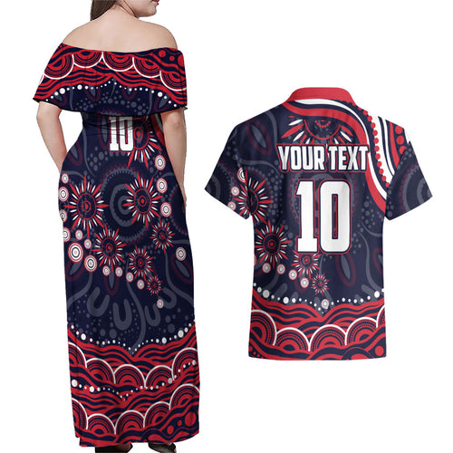 Personalized Melbourne Demons Mascot Couples Matching Off Shoulder Maxi Dress and Hawaiian Shirt Aboriginal Dot Art - Dreamtime Football Mascot