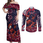Personalized Melbourne Demons Mascot Couples Matching Off Shoulder Maxi Dress and Long Sleeve Button Shirt Aboriginal Dot Art - Dreamtime Football Mascot