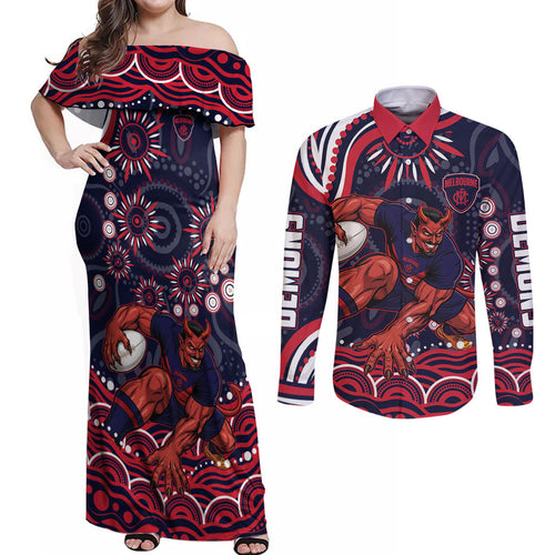 Personalized Melbourne Demons Mascot Couples Matching Off Shoulder Maxi Dress and Long Sleeve Button Shirt Aboriginal Dot Art - Dreamtime Football Mascot