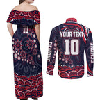 Personalized Melbourne Demons Mascot Couples Matching Off Shoulder Maxi Dress and Long Sleeve Button Shirt Aboriginal Dot Art - Dreamtime Football Mascot