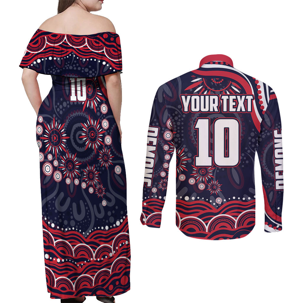 Personalized Melbourne Demons Mascot Couples Matching Off Shoulder Maxi Dress and Long Sleeve Button Shirt Aboriginal Dot Art - Dreamtime Football Mascot