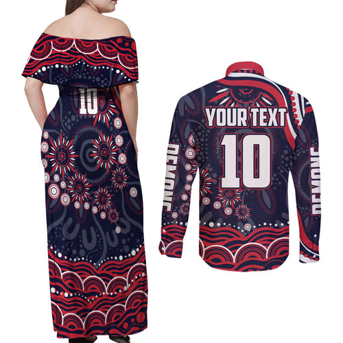 Personalized Melbourne Demons Mascot Couples Matching Off Shoulder Maxi Dress and Long Sleeve Button Shirt Aboriginal Dot Art - Dreamtime Football Mascot