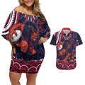 Personalized Melbourne Demons Mascot Couples Matching Off Shoulder Short Dress and Hawaiian Shirt Aboriginal Dot Art - Dreamtime Football Mascot