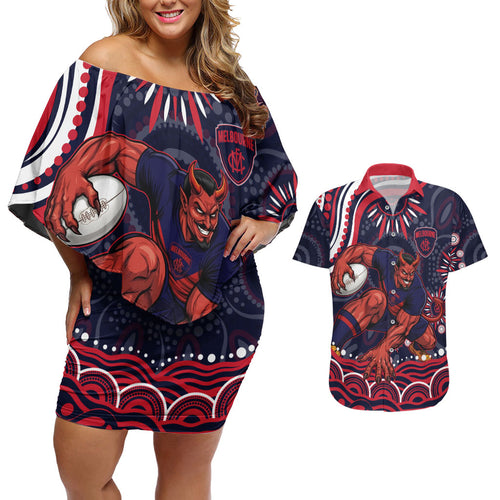Personalized Melbourne Demons Mascot Couples Matching Off Shoulder Short Dress and Hawaiian Shirt Aboriginal Dot Art - Dreamtime Football Mascot