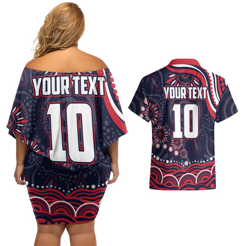 Personalized Melbourne Demons Mascot Couples Matching Off Shoulder Short Dress and Hawaiian Shirt Aboriginal Dot Art - Dreamtime Football Mascot