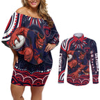 Personalized Melbourne Demons Mascot Couples Matching Off Shoulder Short Dress and Long Sleeve Button Shirt Aboriginal Dot Art - Dreamtime Football Mascot