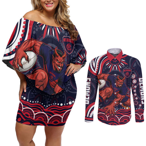 Personalized Melbourne Demons Mascot Couples Matching Off Shoulder Short Dress and Long Sleeve Button Shirt Aboriginal Dot Art - Dreamtime Football Mascot