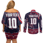 Personalized Melbourne Demons Mascot Couples Matching Off Shoulder Short Dress and Long Sleeve Button Shirt Aboriginal Dot Art - Dreamtime Football Mascot