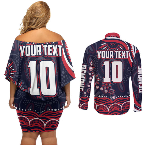 Personalized Melbourne Demons Mascot Couples Matching Off Shoulder Short Dress and Long Sleeve Button Shirt Aboriginal Dot Art - Dreamtime Football Mascot