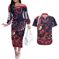 Personalized Melbourne Demons Mascot Couples Matching Off The Shoulder Long Sleeve Dress and Hawaiian Shirt Aboriginal Dot Art - Dreamtime Football Mascot
