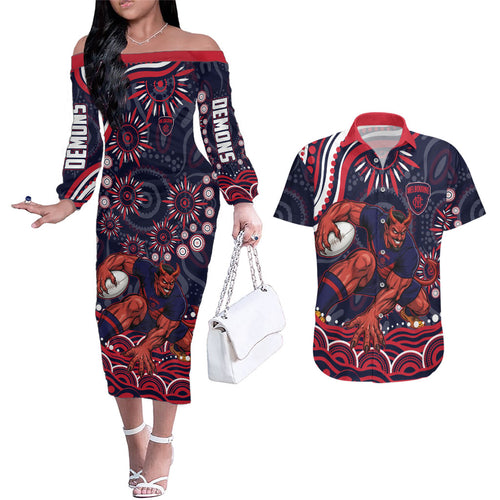 Personalized Melbourne Demons Mascot Couples Matching Off The Shoulder Long Sleeve Dress and Hawaiian Shirt Aboriginal Dot Art - Dreamtime Football Mascot