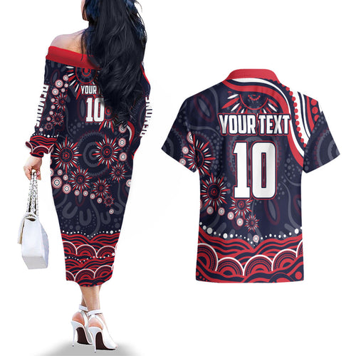 Personalized Melbourne Demons Mascot Couples Matching Off The Shoulder Long Sleeve Dress and Hawaiian Shirt Aboriginal Dot Art - Dreamtime Football Mascot