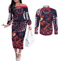 Personalized Melbourne Demons Mascot Couples Matching Off The Shoulder Long Sleeve Dress and Long Sleeve Button Shirt Aboriginal Dot Art - Dreamtime Football Mascot